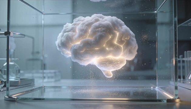 Ai brain creativity crystal glow in glass cube futuristic science lab with floating digital cloud organ imagination surreal innovation luminous fantasy laboratory atmosphere