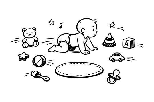 Cartoon baby surrounded by toys: bear, blocks, and rattle