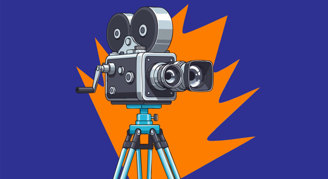 Vintage film camera vector illustration on tripod with orange explosion background. Retro movie projector icon for cinema, video production.