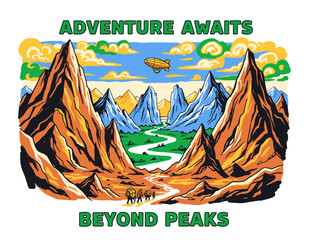 Mountain illustration outdoor adventure for t-shirt. Expedition artwork vintage poster design. Adventure awaits beyond peaks graphic. Hiking and climb © panji