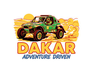 Fototapeta premium Dakar rally vector design illustration. Off road adventure graphic print. Extreme desert challenge artwork. Buggy race design for t-shirt print. Vinta