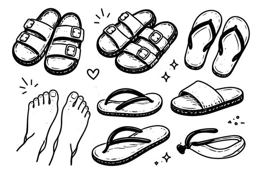 Collection of hand-drawn sandals and flip-flops with bare feet sketch