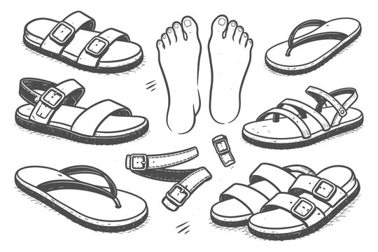 Variety of sandals and bare feet illustration with casual footwear styles