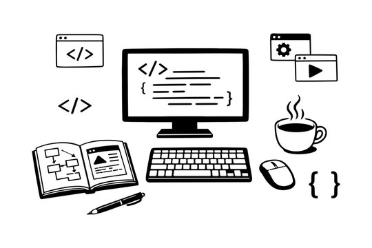 Coding workspace setup with computer, code symbols, coffee, mouse, and open book