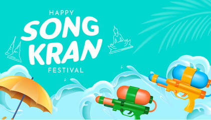 Naklejka premium Happy Songkran Festival Banner Design with Water Gun and Umbrella in Summer Background