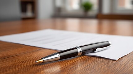 A professional pen lies on legal documents on a polished wooden desk ready for signing