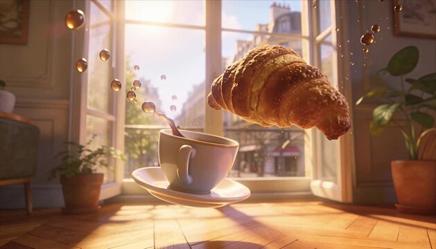 Ai breakfast creativity crystal croissant coffee cup splash sunlight sunrise cozy Paris apartment interior window wooden floor plant warm morning mood airy kitchen fantasy pastry