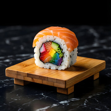 Rainbow Roll inside-out roll sushi on a wooden board
