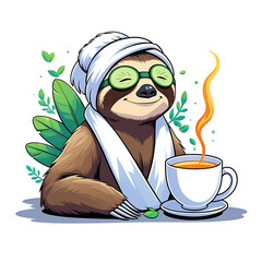 Fototapeta premium Smiling sloth in towel on head and cucumber eye mask with hot mug of tea. Relaxation art illustration.