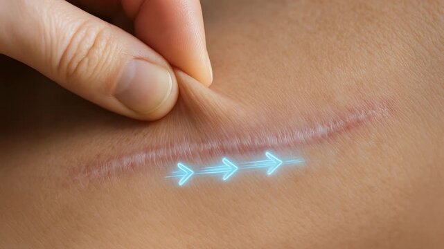 Scar skin hand finger closeup healing arrow line therapy massage for surgery scar tissue recovery medical dermatology care rehab treatment journey