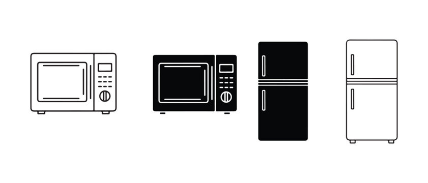 Kitchen appliances icons including microwaves and refrigerators in black and white