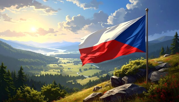 Czech Republic Flag Waving Proudly on Hilltop.