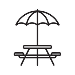 Fototapeta premium A simple black line drawing of a picnic table with an umbrella, depicting a serene outdoor setting for relaxation and dining in a peaceful environment from a straightforward viewpoint.