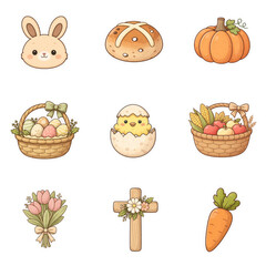 Cute Easter and Autumn Sticker Set with Bunny, Chick, Pumpkin, Harvest Basket and Fall Elements