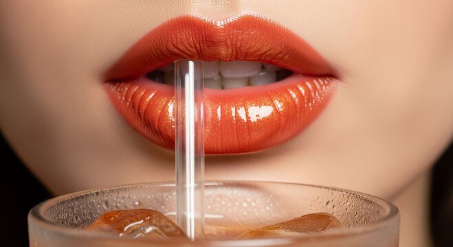 Detail shot captures the moment a person inhales a cool drink through a transparent tube against a soft background.