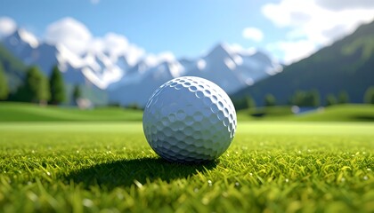 Obraz premium Golf ball on a green course with mountains and blue sky in the background