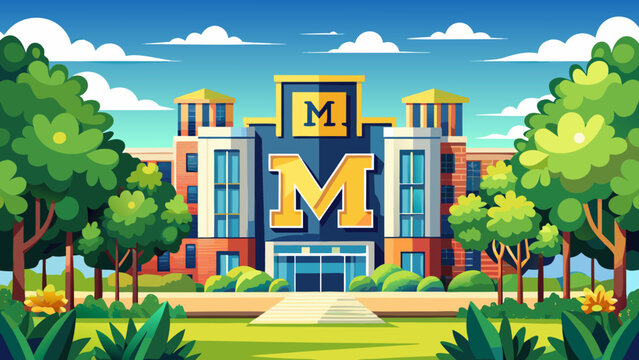 Very beautiful iconic block &ldquo;M&rdquo; university logo displayed prominently on campus, framed by lush green trees and a bright blue sky in Ann Arbor.
