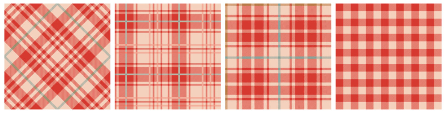 Set of red gingham plaid seamless pattern. Abstract vector illustration