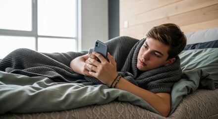 Fototapeta premium Teenage Caucasian boy engrossed in smartphone screen captures digital dependency within a cozy, sunlit bedroom setting