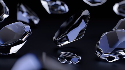 Dark Metallic Gemstones with Reflective Surfaces on Black Background