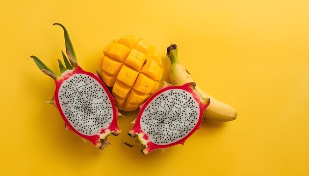 Vibrant tropical fruit arrangement: A stunning composition of a cut dragon fruit, ripe mango, and a single banana, presented on a vibrant yellow surface, evoking the essence of a tropical paradise. 