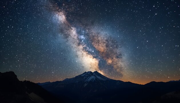 Starry Night Panorama: A stunning panoramic vista showcases the brilliance of the night sky, with the majestic Milky Way arching over a rugged mountain range, creating a breathtaking celestial scene.
