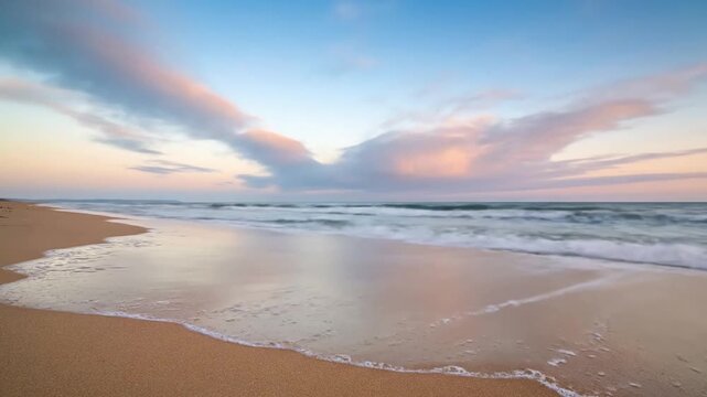 Oceanic Rhythms Focus on the subtle ebb and flow of water on a sandy shore.