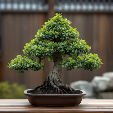 Tranquil Bonsai Serenity: A meticulously crafted bonsai tree stands gracefully in its ceramic pot on a wooden table, offering a moment of peace and contemplation against a blurred backdrop.