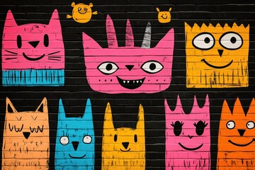 Colorful pop art graffiti mural with smiling cat faces on black brick wall &mdash; ideal for children&rsquo;s art, urban creativity and playful design.