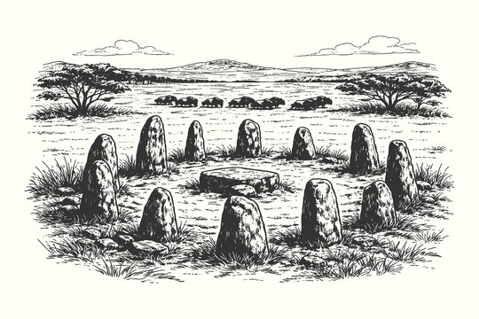 Vintage woodcut vector illustration of a stone circle monument on a grassy savanna with acacia trees and distant mountains in a hand drawn style.