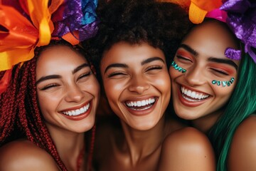 Diverse women smiling together with colorful hair and festive decorations &mdash; ideal for inclusion, celebration and authentic representation.