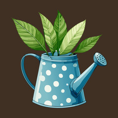 Blue polka dot watering can with green leaves for a charming and playful garden design Plant