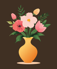Yellow vase with pink flowers and green leaves and a clean flat design for art Plant
