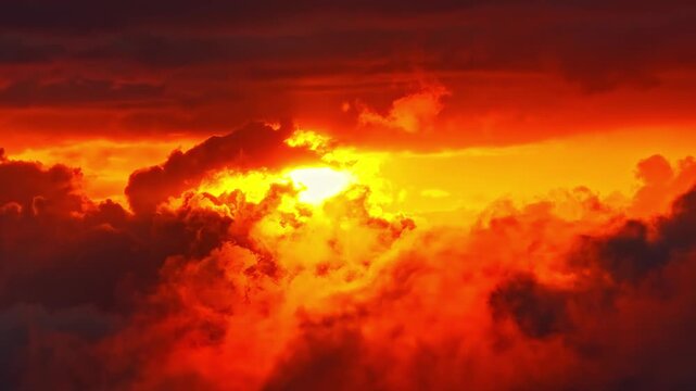 Aerial fiery red sunset with sun rays breaking through dark clouds art