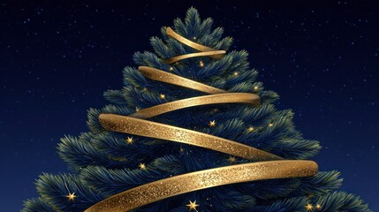 Decorative Christmas Tree with Gold Ribbon and Lights Under Starry Night Sky