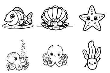 Fototapeta premium Whimsical underwater sea creatures and ocean treasures illustration