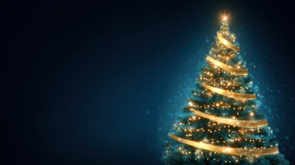 Decorative Christmas Tree with Golden Lights and Spiral Ribbon in Dark Background
