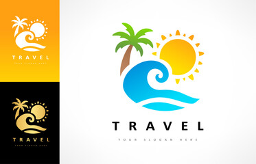 Travel logo. Sea, sun, and palm tree. Beach logo vector.