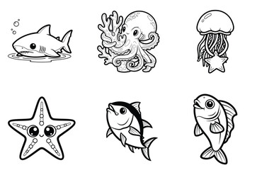 Obraz premium Whimsical underwater creatures and sea life illustrations in simple line art