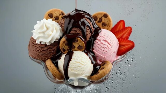 A decadent and colorful ice cream sundae is expertly prepared in a clear glass dish, featuring generous scoops of rich chocolate, creamy vanilla, and sweet strawberry ice cream. A luscious stream of d