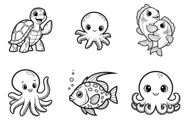 Fototapeta premium Whimsical line drawing collection of underwater creatures and sea life