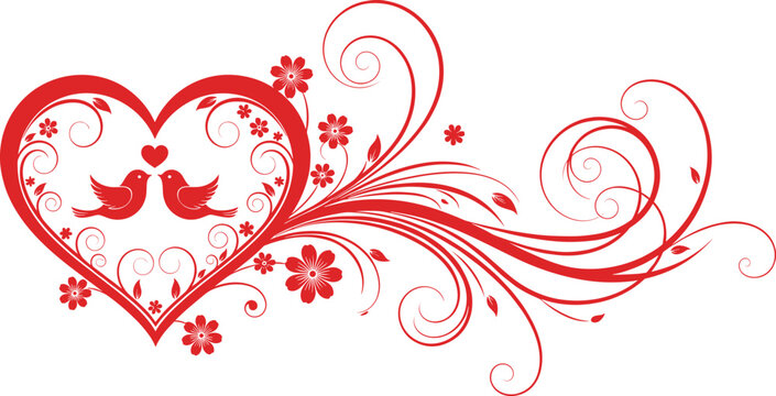 Romantic Valentine Heart Silhouette with Love Birds and Red Floral Swirls Flat Vector Illustration for Wedding and Greeting Card Concept Design
