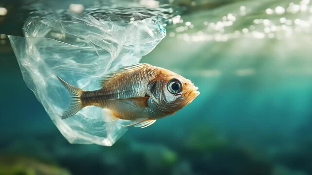 fish swims in the sea plastic pollution