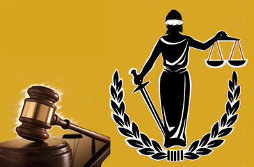 Justicia y derecho con mazo, balanza y diosa Iustitia con espada y venda en los ojos