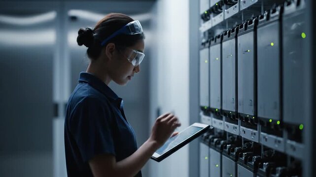 A professional female technician in safety gear inspects operational server racks in a dimly lit data center. She consults a tablet for diagnostics, then reaches out to touch and verify the status of