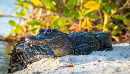 Obraz premium American Alligator basking in the sun near the waters edge.