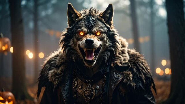 Fierce werewolf with glowing orange eyes roaring in a misty, decorated forest at night