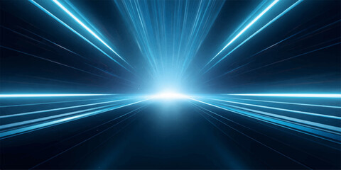 A bright blue abstract background features a glowing energy burst with shiny laser beams and a motion flare design, creating a vibrant space star explosion with light rays and speed © PIXEL