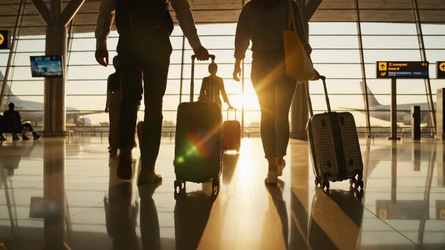 People walking with luggage in airport terminal during sunset travel.