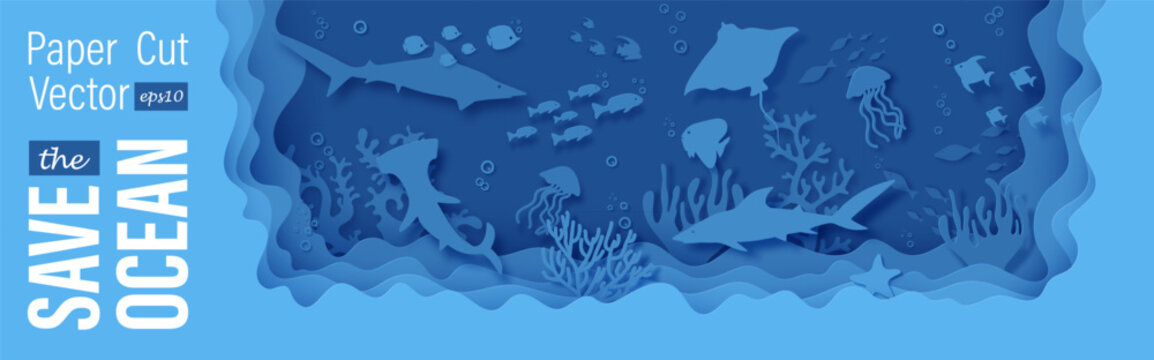 Blue cutout design with stingray hammerhead fish shark jellyfish crab star wave pattern. Ocean bottom reef under life bg. Save the ocean fantasy papercut background features layered underwater scene.